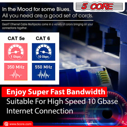 5Core Cat 6 Ethernet Cable 1.5ft 10Gbps Network Patch Cord High Speed