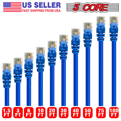 5Core Cat 6 Ethernet Cable 1.5ft 10Gbps Network Patch Cord High Speed